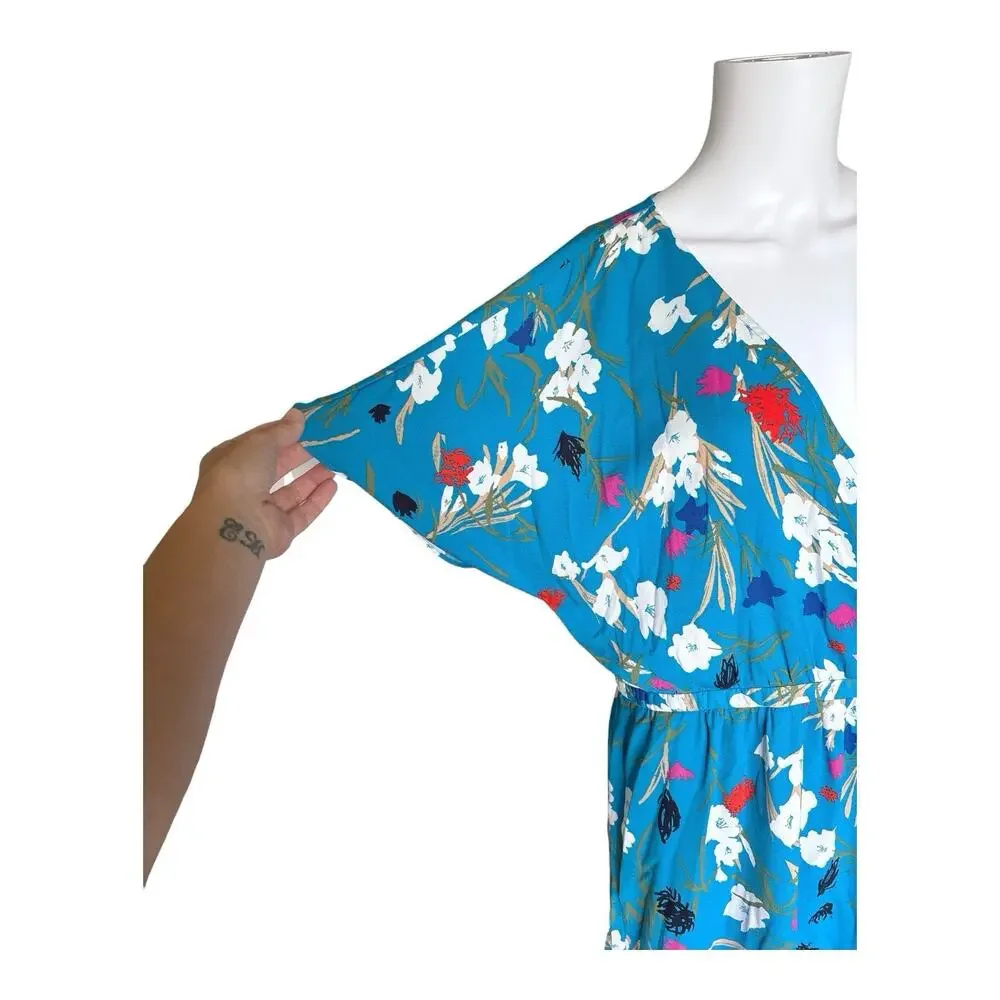 J Crew Mercantile Faux Wrap Midi Dress Womens Large Blue Floral Flutter Sleeve